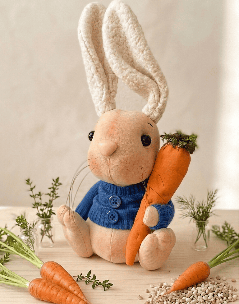 Oliver Puff: boneca de pano feita à mão com detalhe de orelhas, nariz rosa e expressão suave